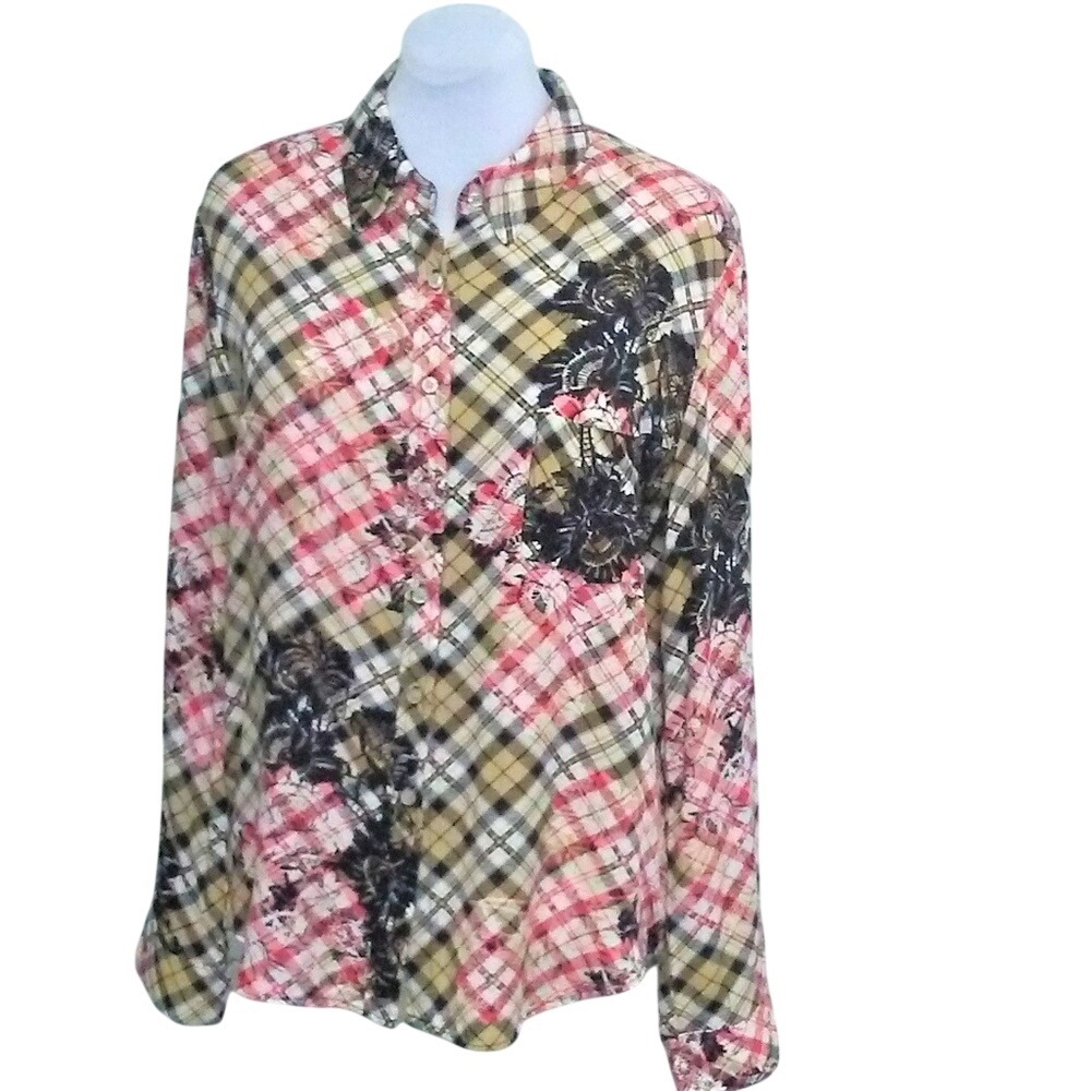 WAYF Womens Plaid Floral Mixed Print Button Up Blouse Pink Tan Black Size M